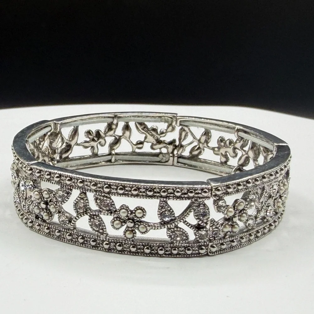 Silver Tone Floral Rhinestone Faux Pearl Filigree Wide Stretch Cuff Bracelet